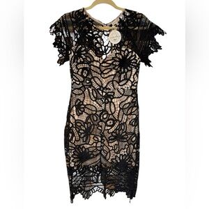 ▪️Main Strip Black Crochet Lace‎ Midi Dress with Nude Slip ▪️